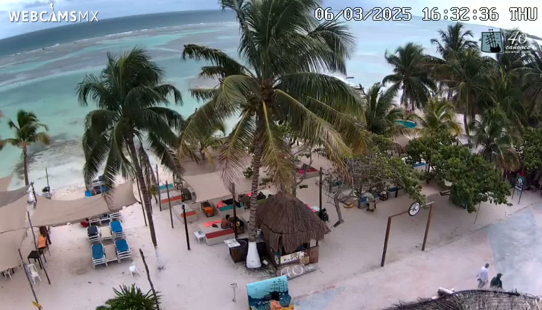 An aerial view of a beach bar with palm trees under partly cloudy skies shows turquoise water and a sandy beach.