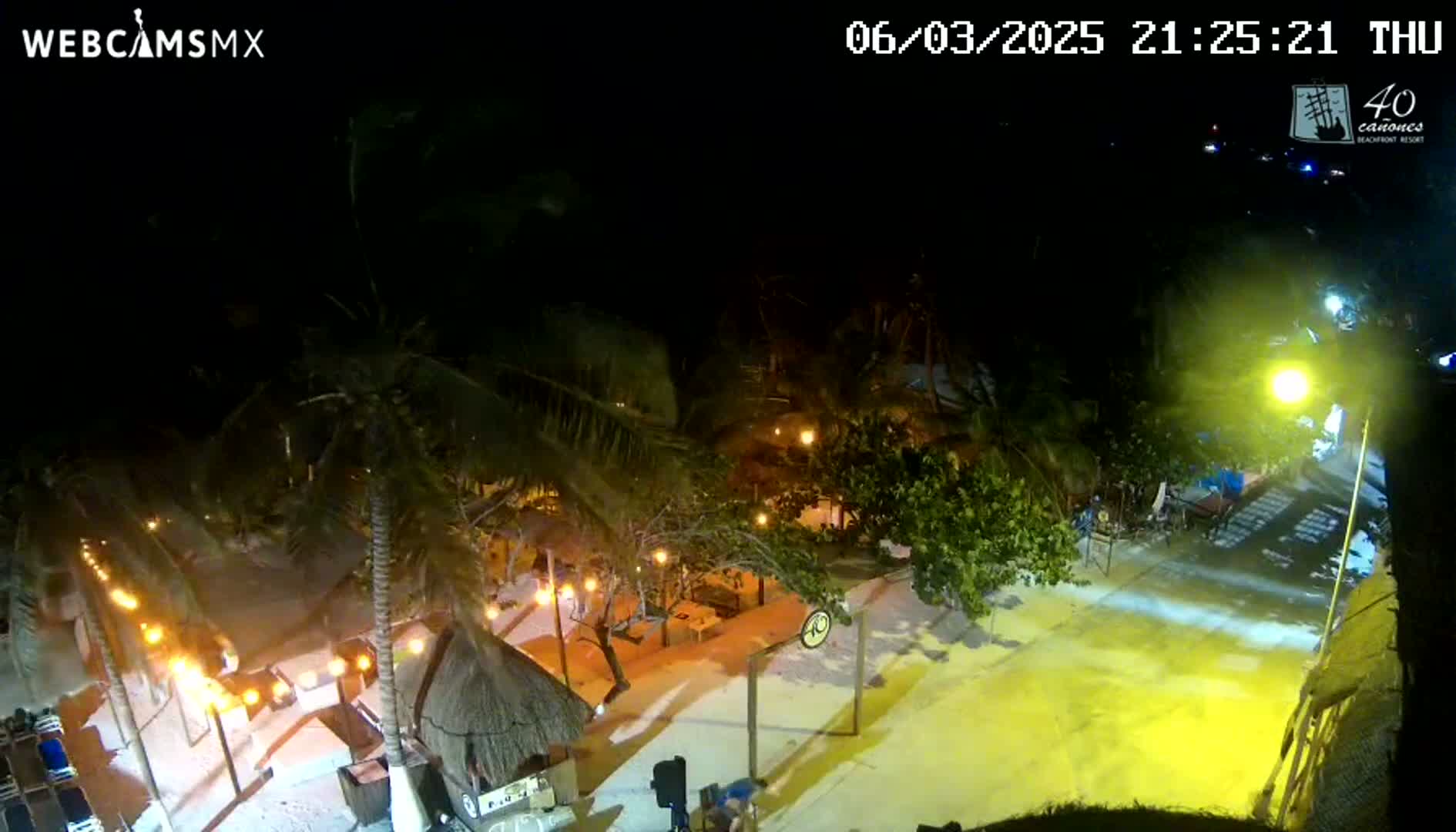 An illuminated nighttime scene shows a beachside area with palm trees, thatch-roof structures, and string lights, under a clear, dark sky.