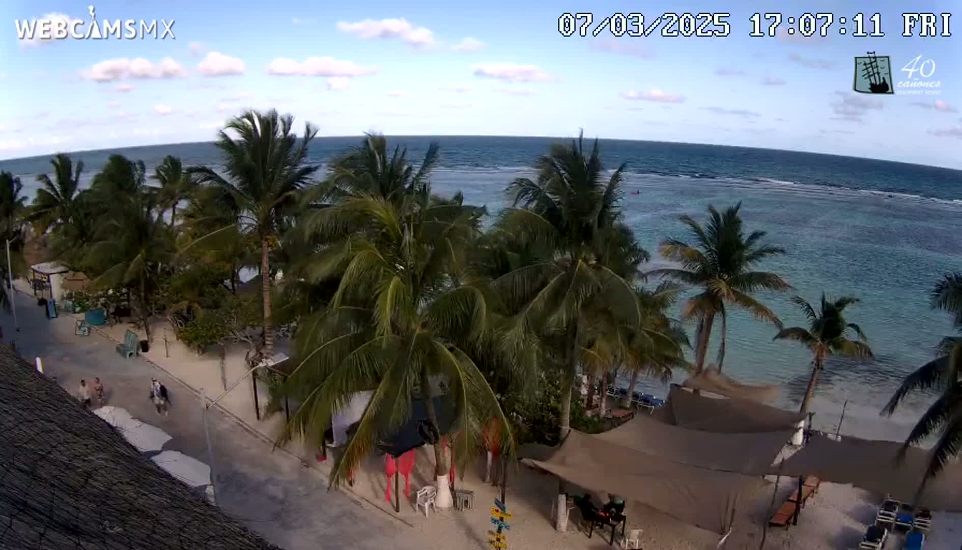 A mostly sunny beach scene with palm trees, a sandy road, and a few people walking shows a calm ocean under a partly cloudy sky.
