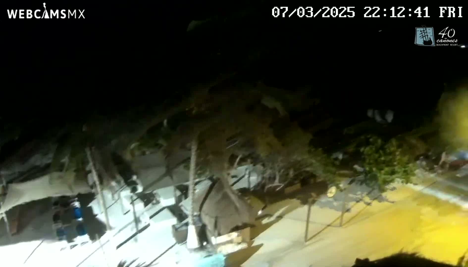A nighttime, high-angle view shows an outdoor area with structures and trees, illuminated by artificial light.