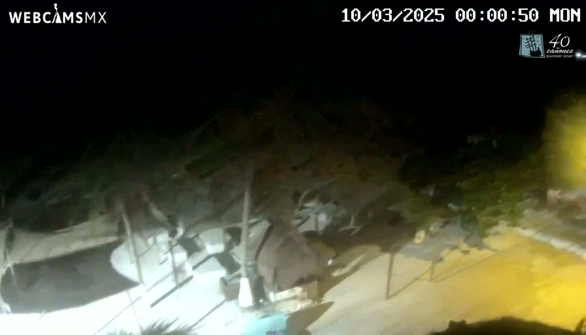 A nighttime, low-light view shows a partially visible outdoor area with vegetation and what appears to be a structure or boats, possibly near a beach.