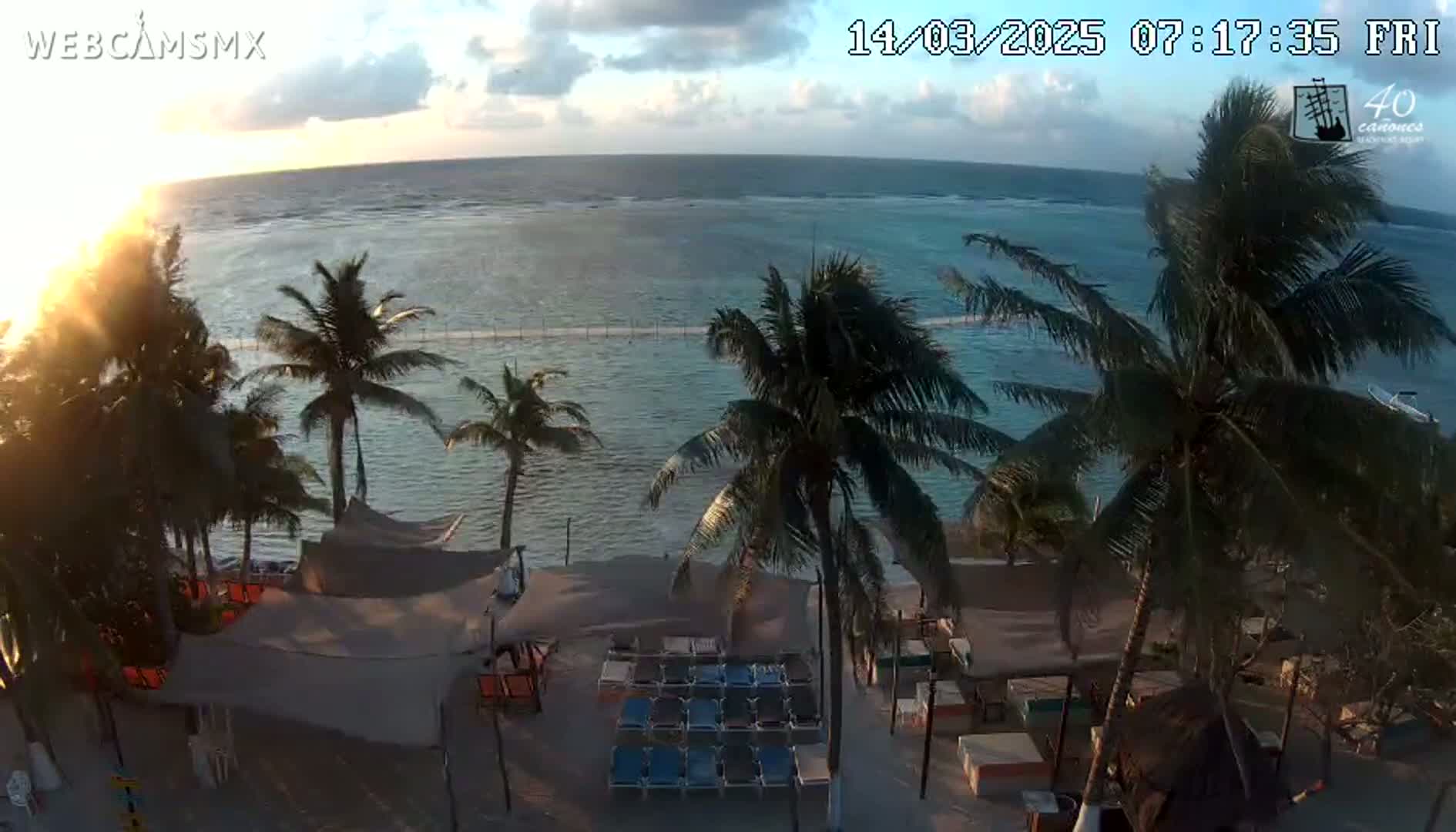 A beachside scene at sunrise shows calm, clear ocean water, palm trees, and beach furniture under shaded areas.