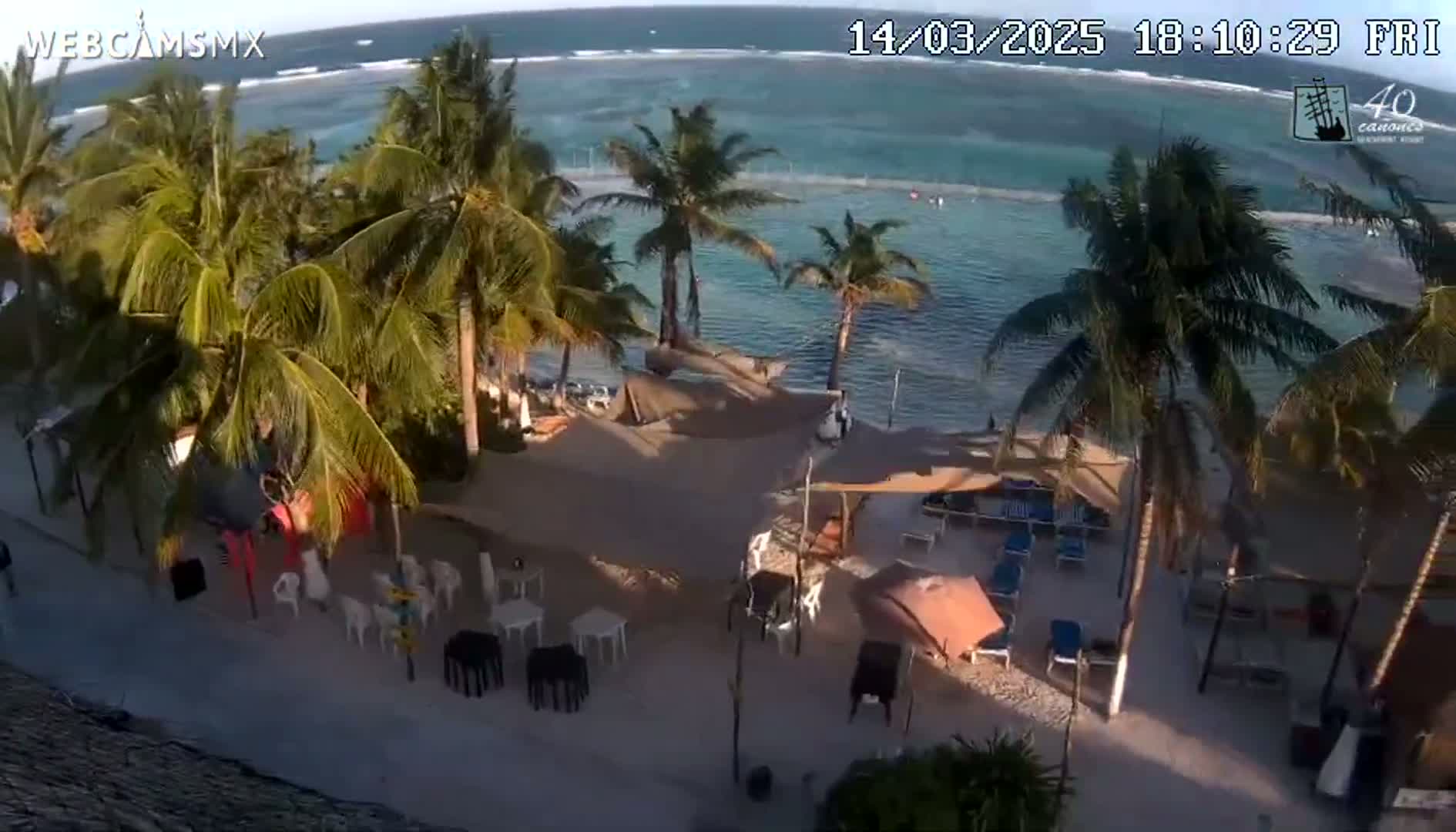 An aerial view shows a beachside restaurant area with palm trees, beach chairs, and tables under shade structures, next to a calm ocean under a sunny sky.