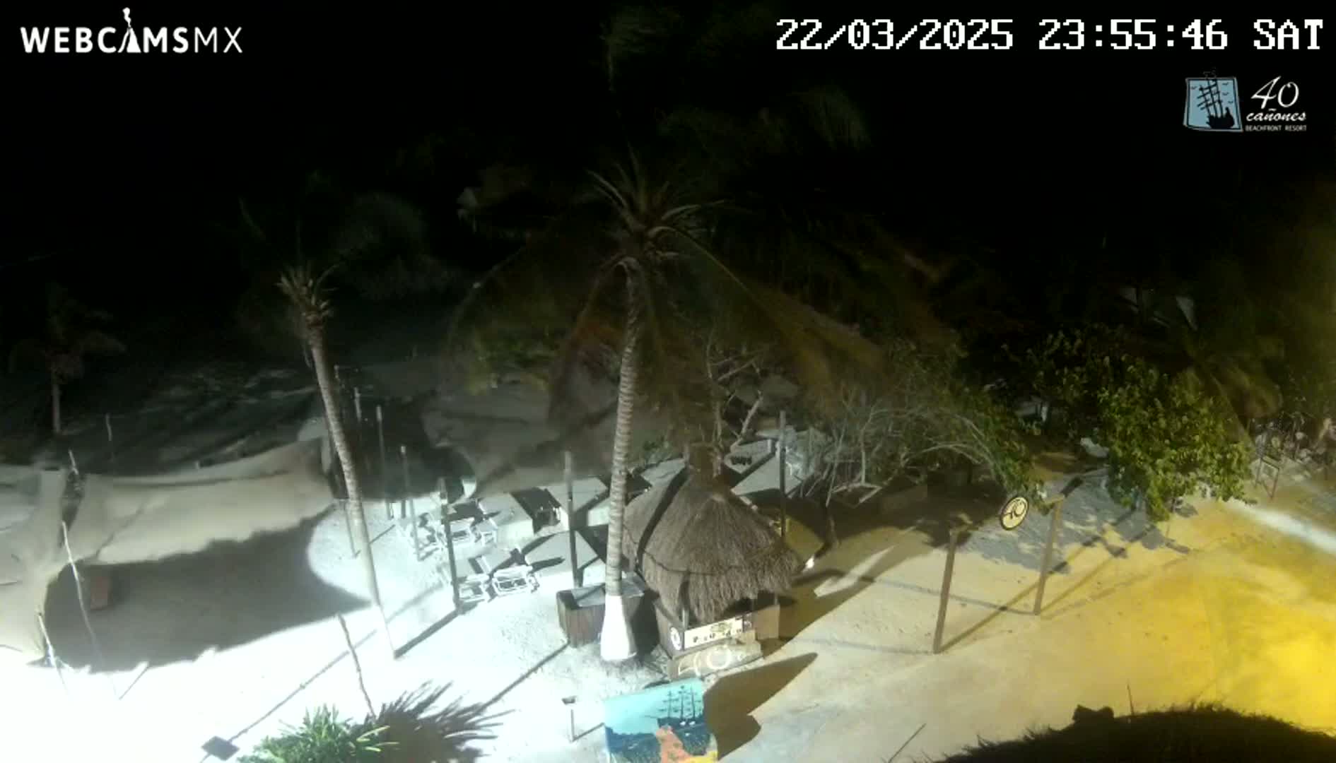 An aerial nighttime view of a beach at night, showing palm trees, beach furniture, and a thatched-roof structure.