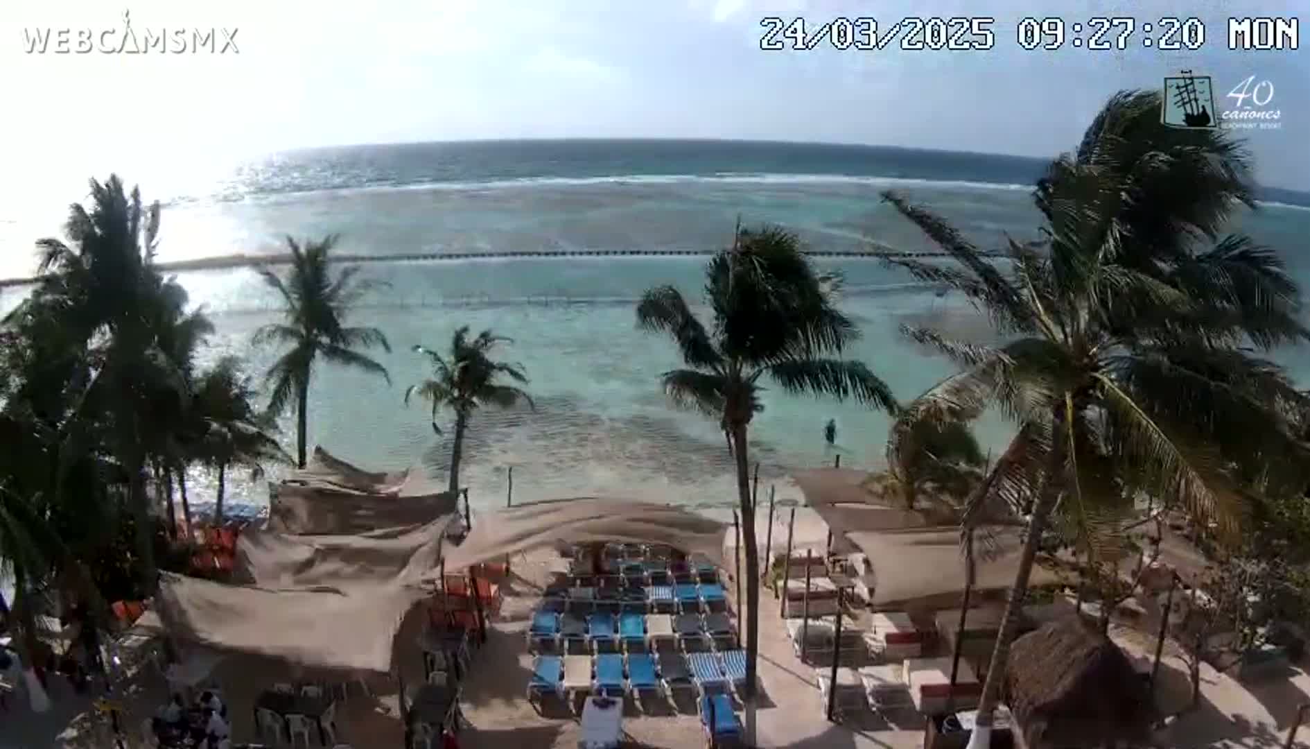 A beachside resort with palm trees and lounge chairs overlooks a calm, shallow ocean on a sunny, windy day.