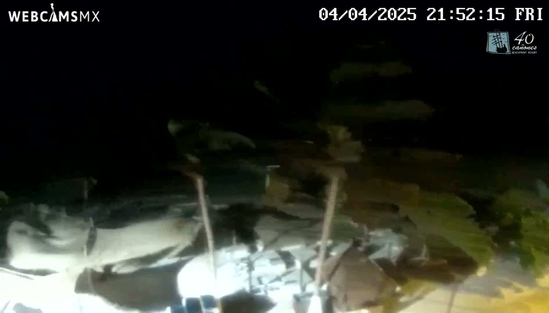 A nighttime, low-light view of an outdoor scene shows what appears to be a cluttered area with various objects and possibly some vegetation.