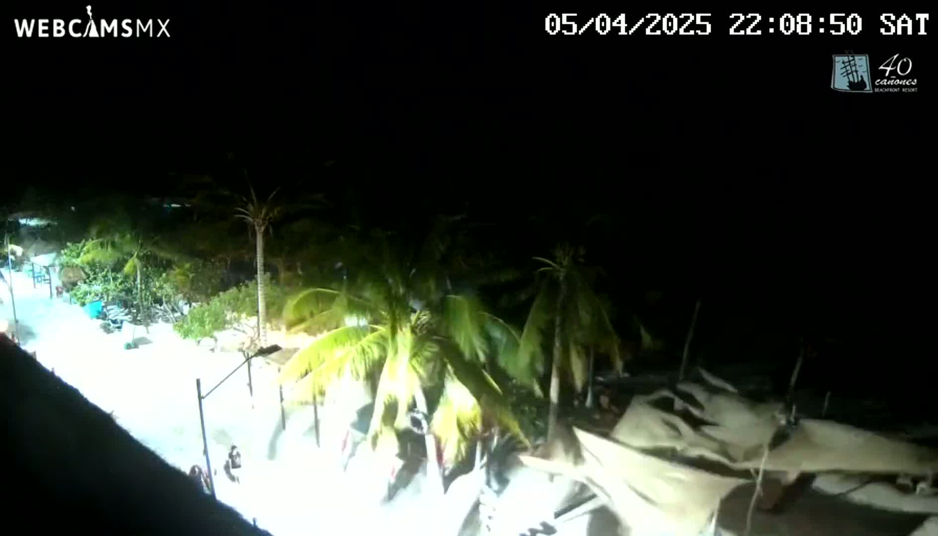 A nighttime view shows a beach illuminated, with palm trees and a partially collapsed structure visible under a dark sky.