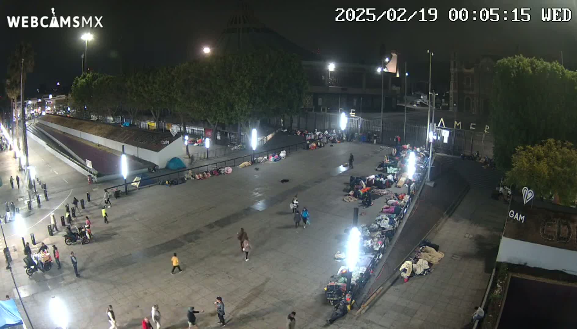 A nighttime, outdoor scene shows a large plaza with numerous people sleeping on the ground under blankets, surrounded by buildings and trees, illuminated by artificial lights.