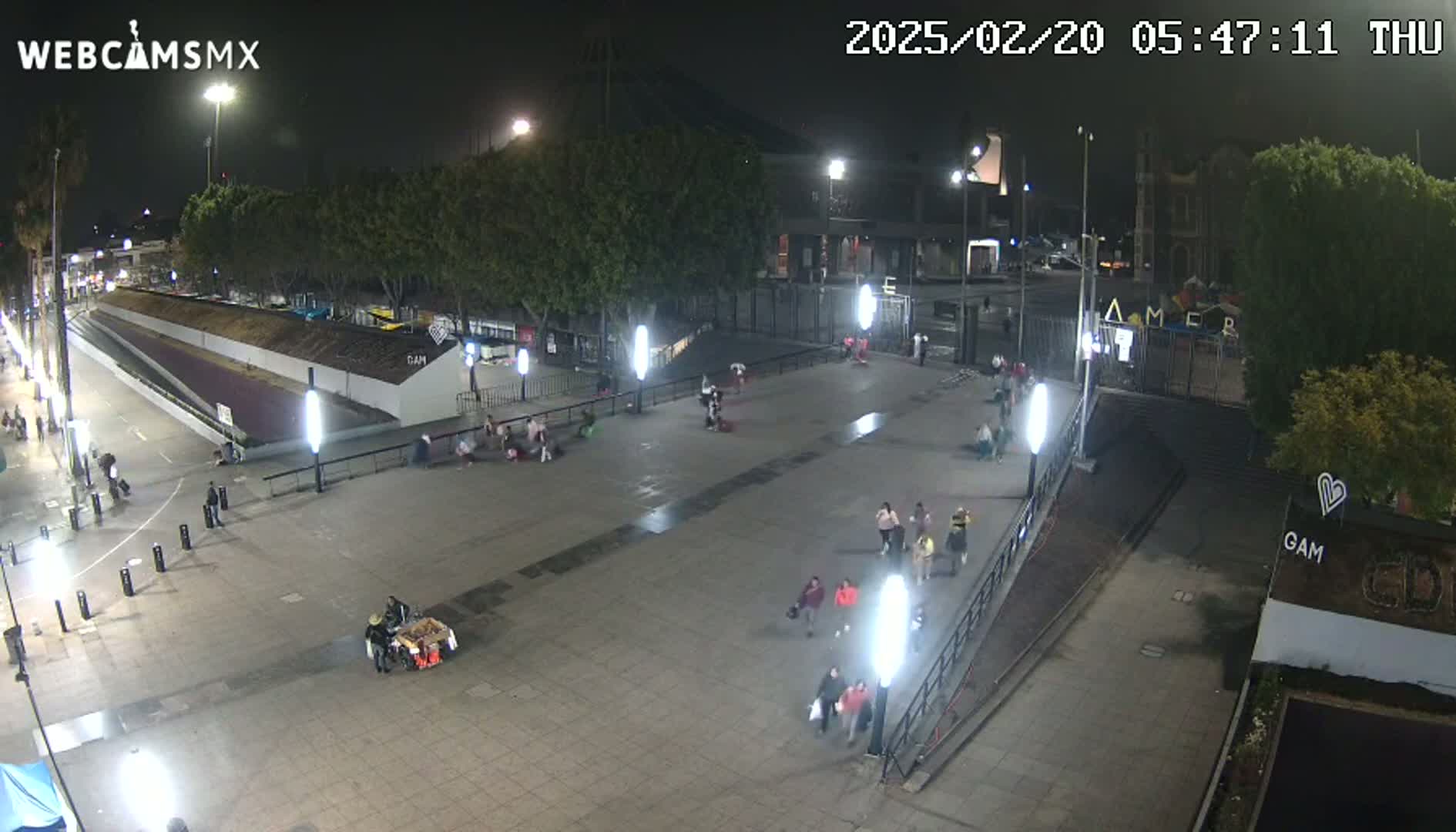 A nighttime, outdoor view of a paved plaza with scattered people, some streetlights, and trees in the background.