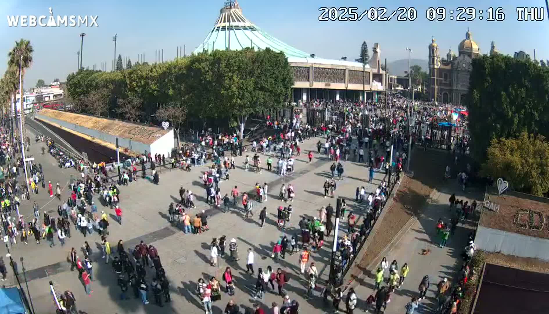 A large crowd of people gathers in a plaza in front of a basilica on a sunny day.