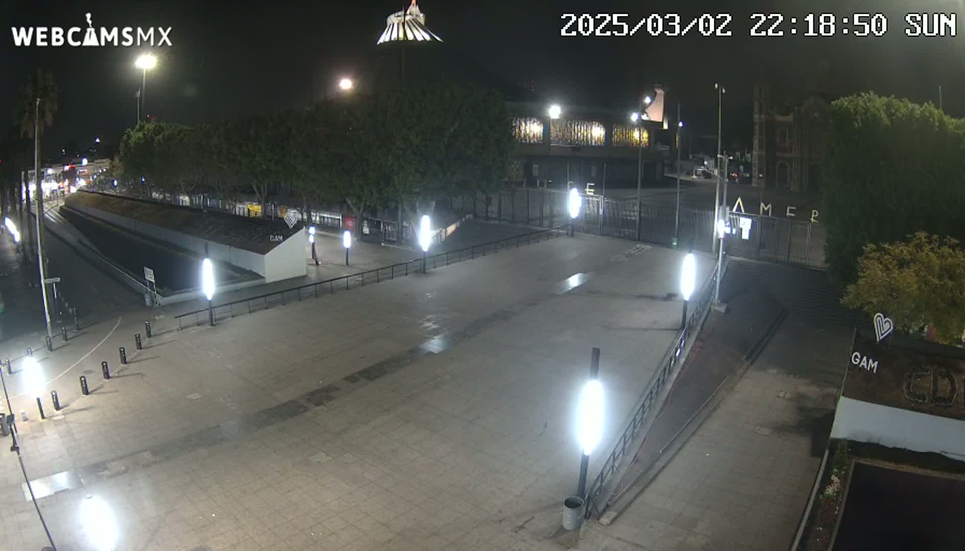 A nighttime view of a paved plaza with buildings and trees in the background, illuminated by streetlights.