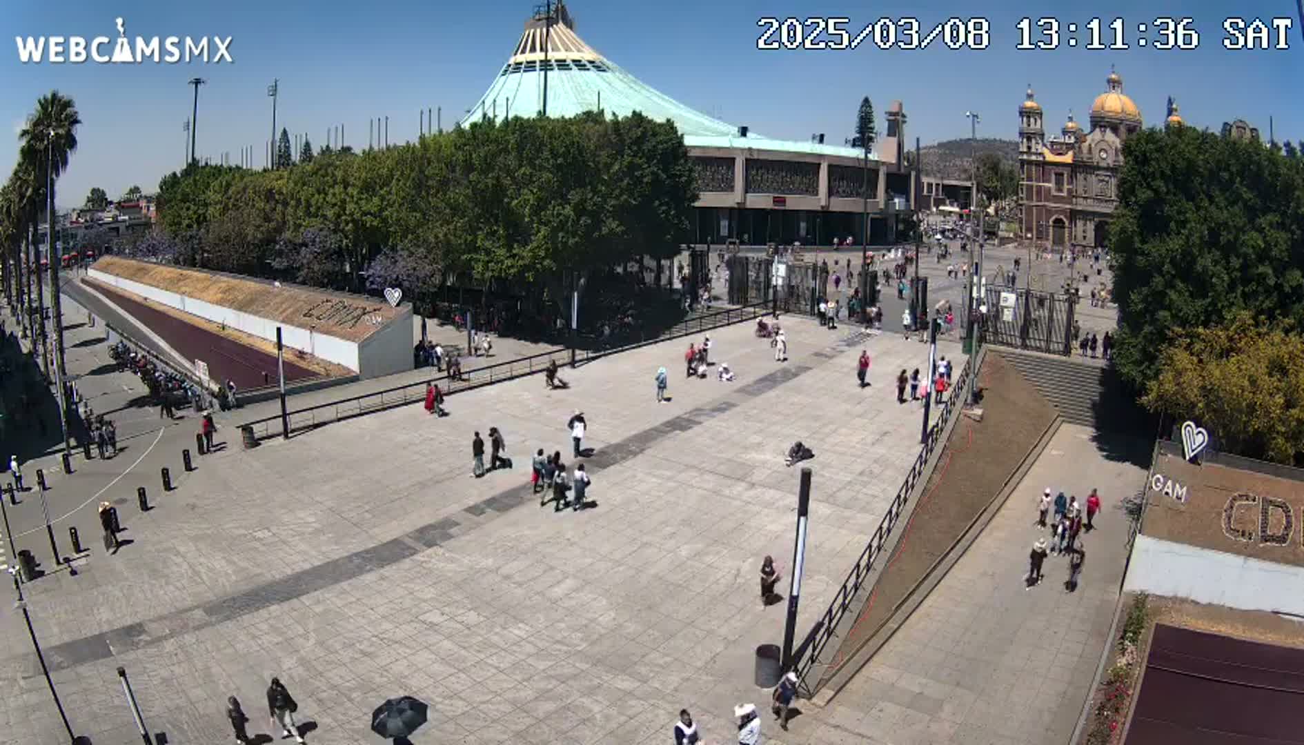 A large plaza with several people, surrounded by trees and buildings including a large basilica, on a sunny day.