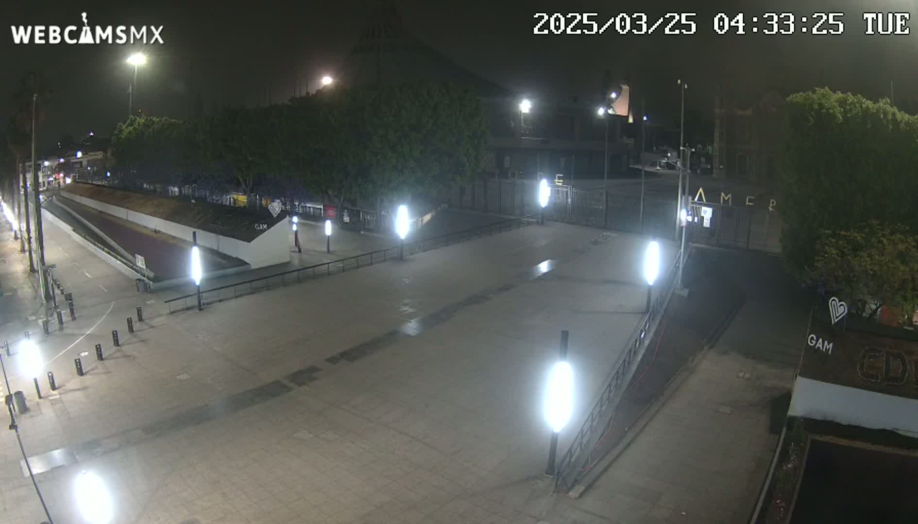 A nighttime view of a paved plaza and walkway, illuminated by streetlights, with trees and buildings in the background under hazy conditions.