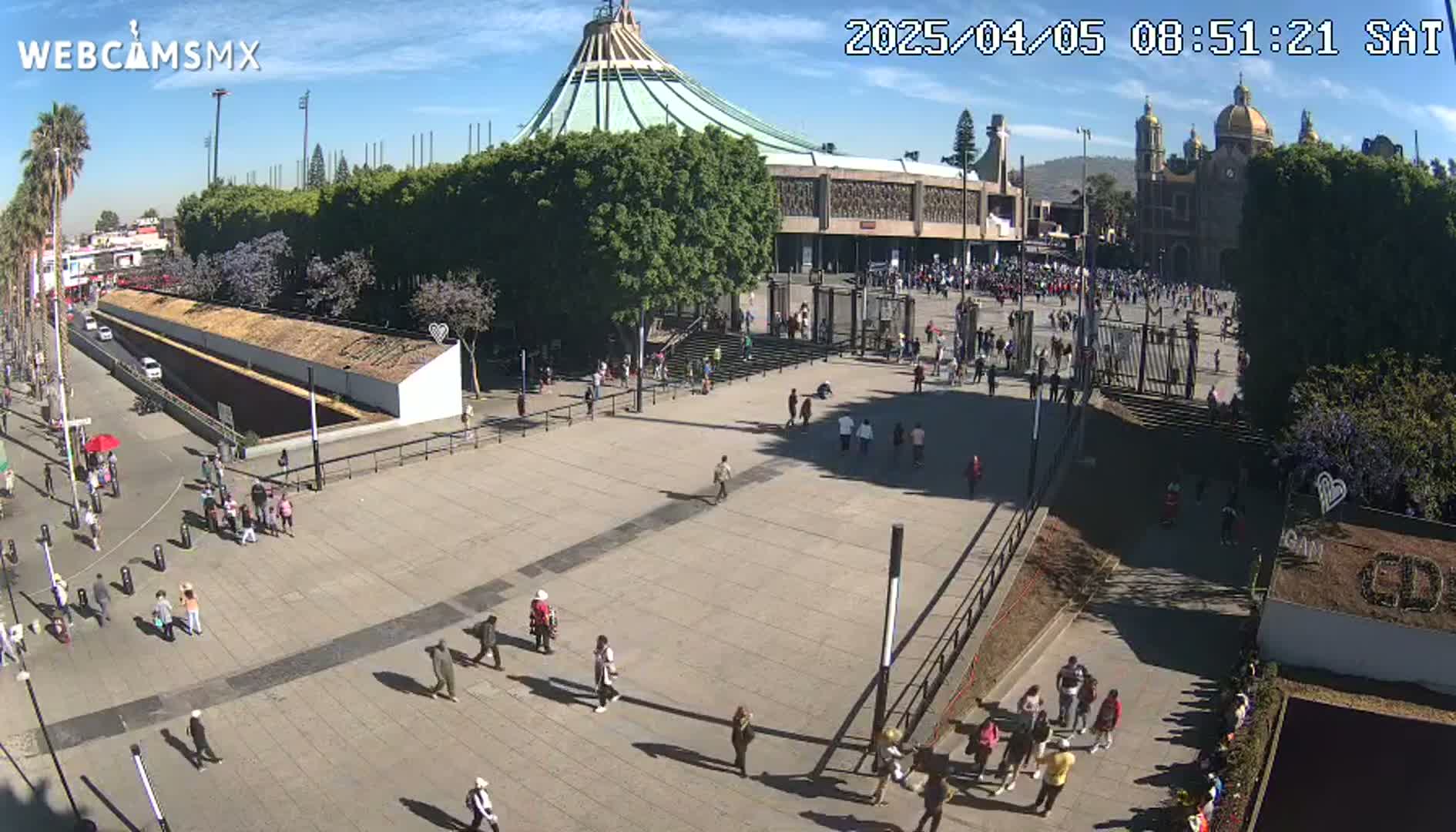 A large plaza with many people, a large basilica, and surrounding buildings under sunny skies.