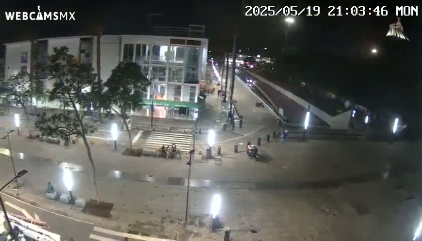 A nighttime, overhead view of a city street with a few pedestrians and cars, illuminated by streetlights.