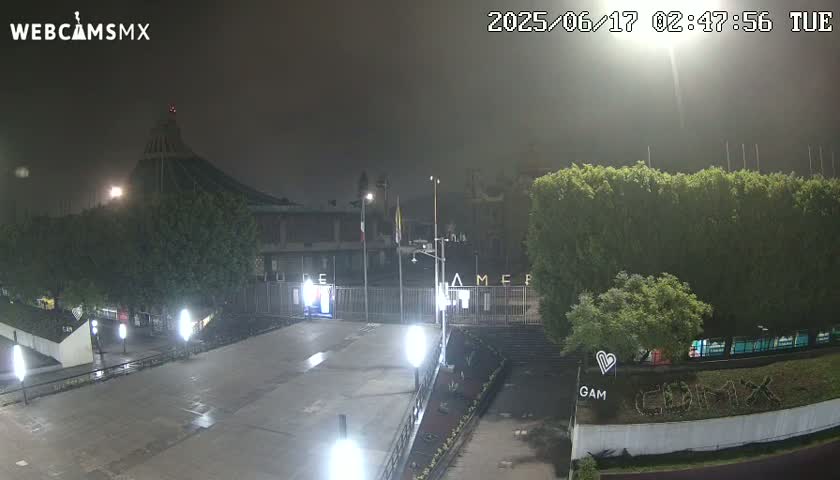 A nighttime, foggy view of a large building with surrounding landscaping and a paved area in front.