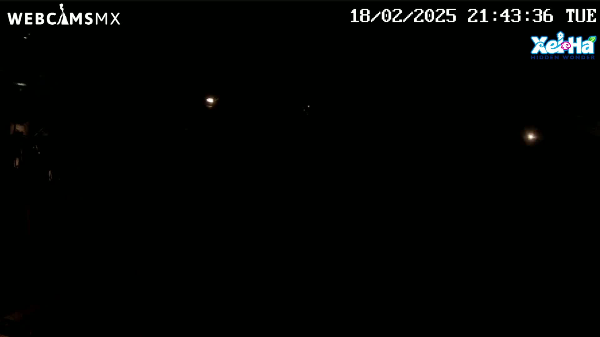 A nighttime outdoor scene shows a dark expanse illuminated only by distant lights.