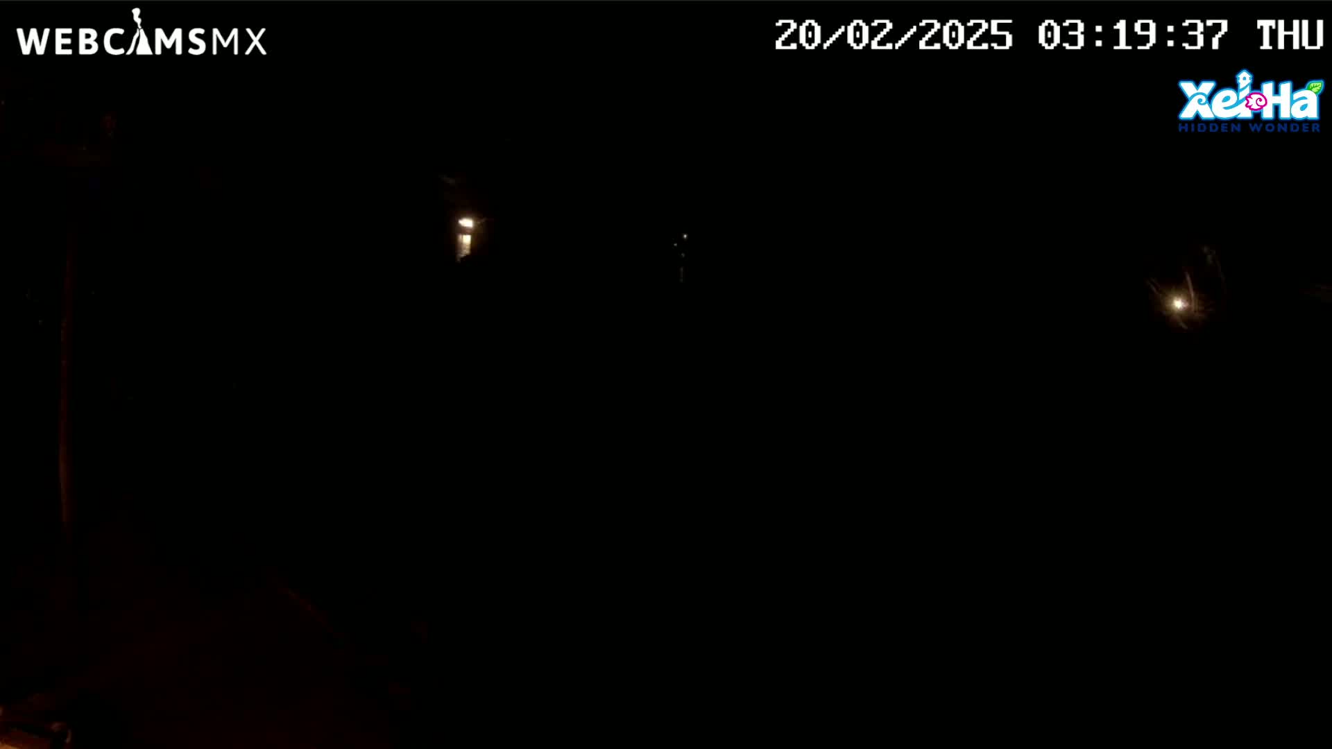 A nighttime, outdoor scene shows a few distant lights in an otherwise dark environment.