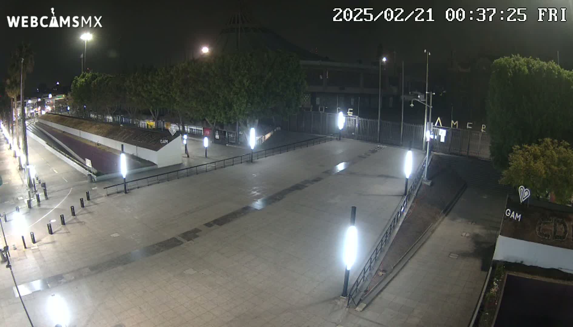 A nighttime, outdoor view of a paved plaza, illuminated by streetlights, with trees and a building in the background.