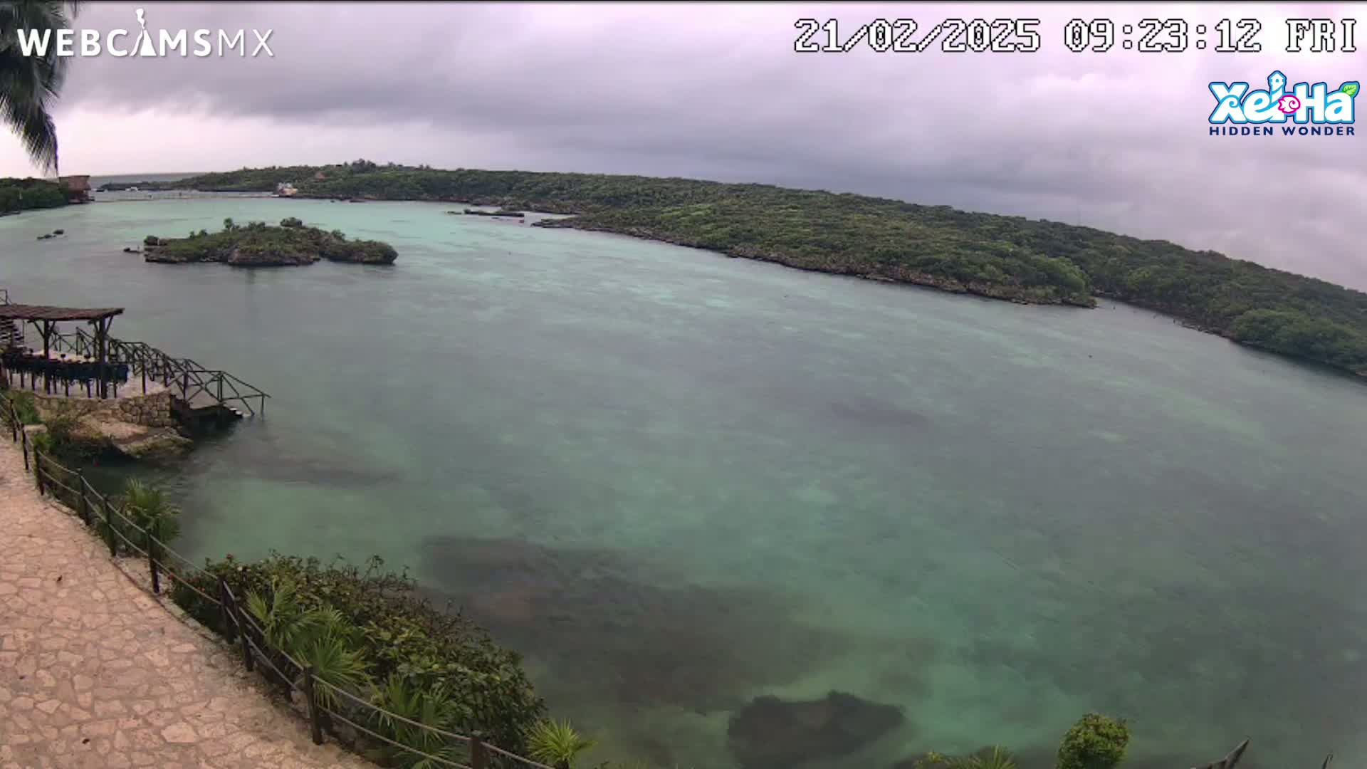 A tranquil, green-hued body of water is surrounded by lush green vegetation under an overcast sky.