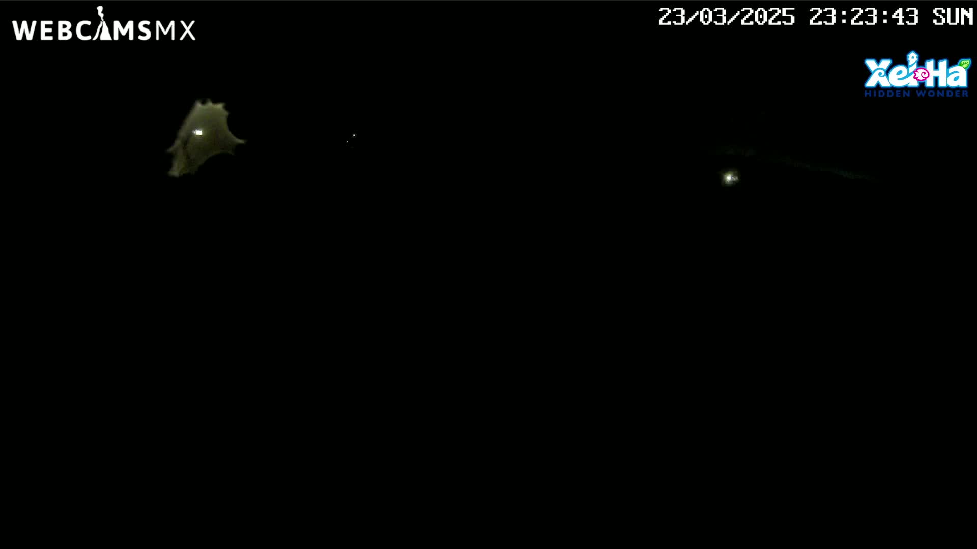A dark, nighttime scene shows a few faint lights in the distance.