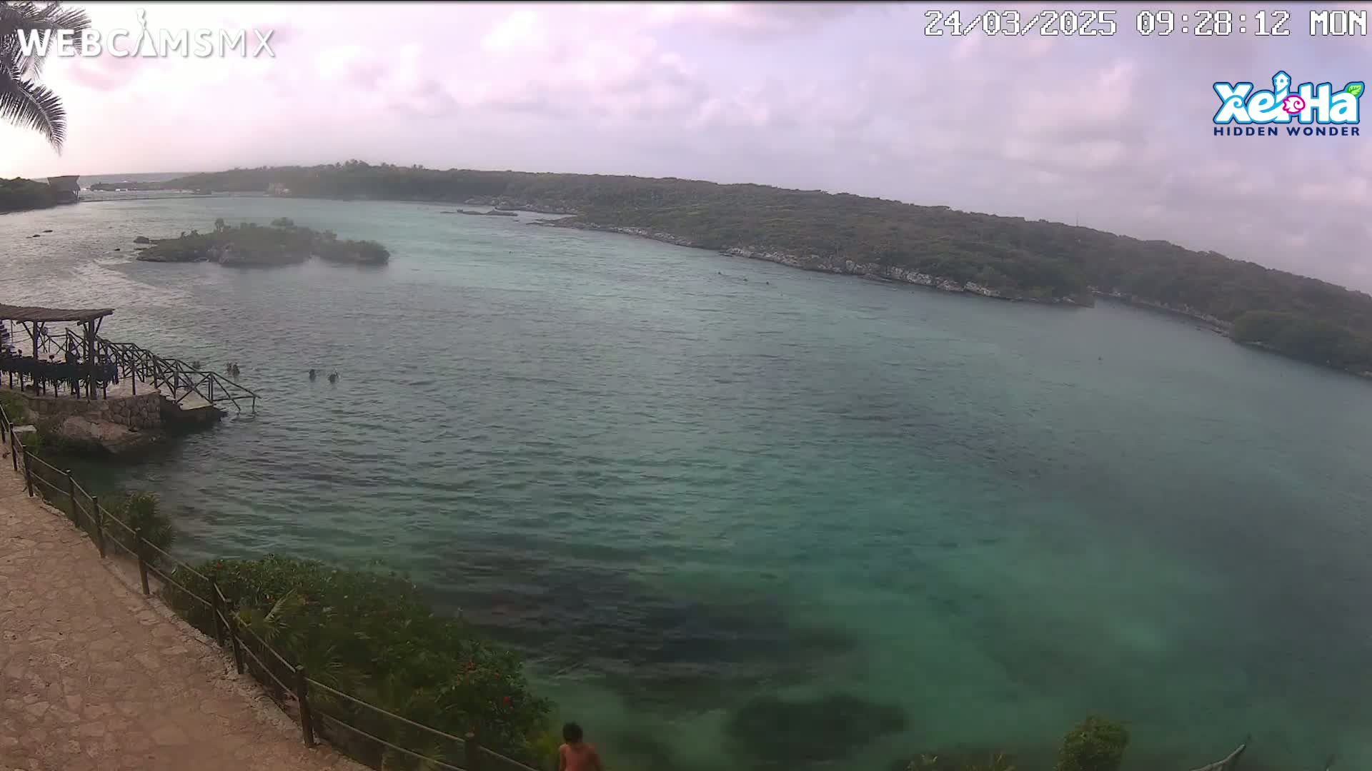 A tranquil, overcast day reveals a picturesque cove of teal water, surrounded by lush green vegetation and a small island.