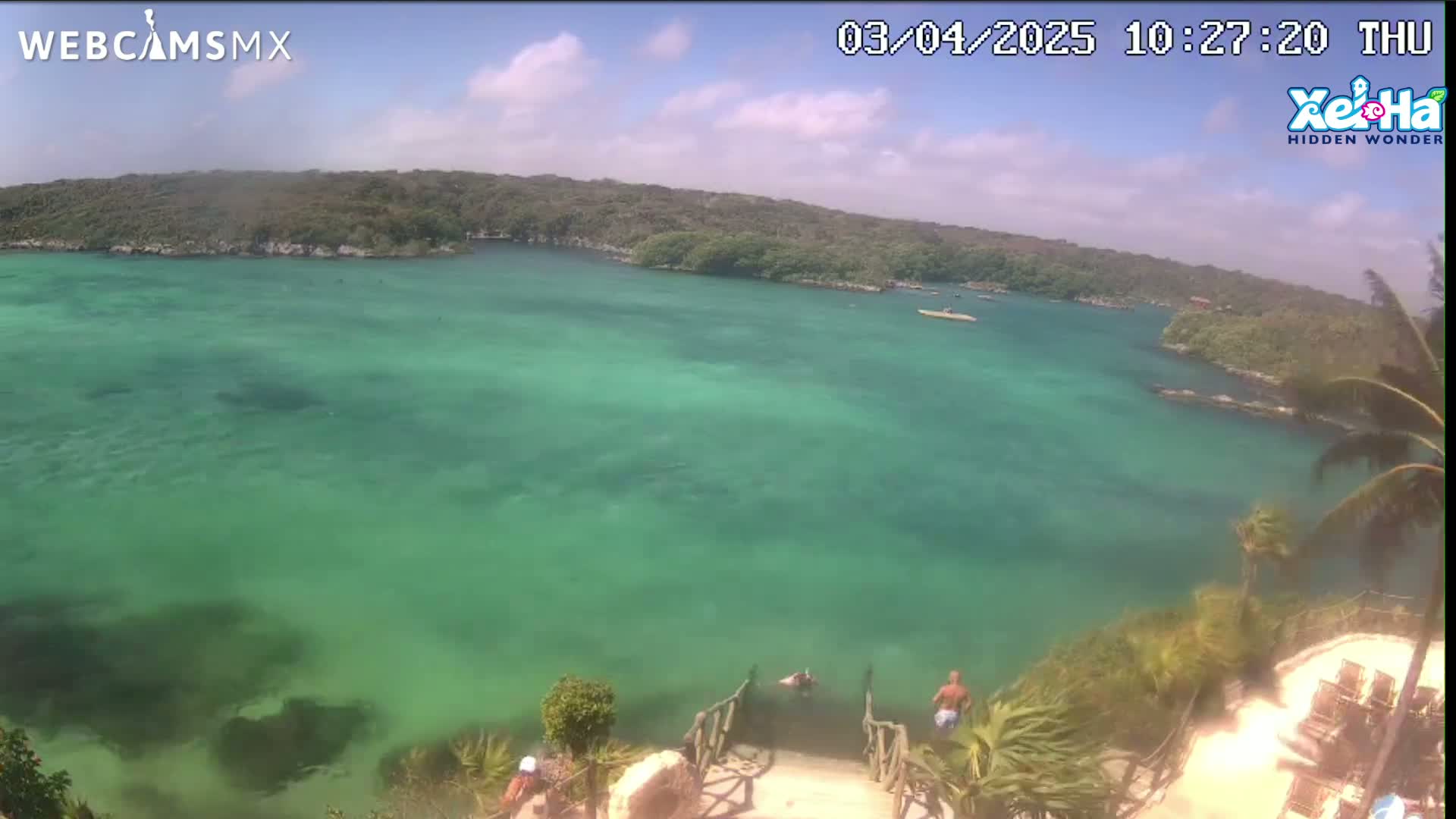 A tranquil, bright green body of water is surrounded by lush greenery under a partly sunny sky, with a few people swimming and standing near a wooden staircase leading down to the water.