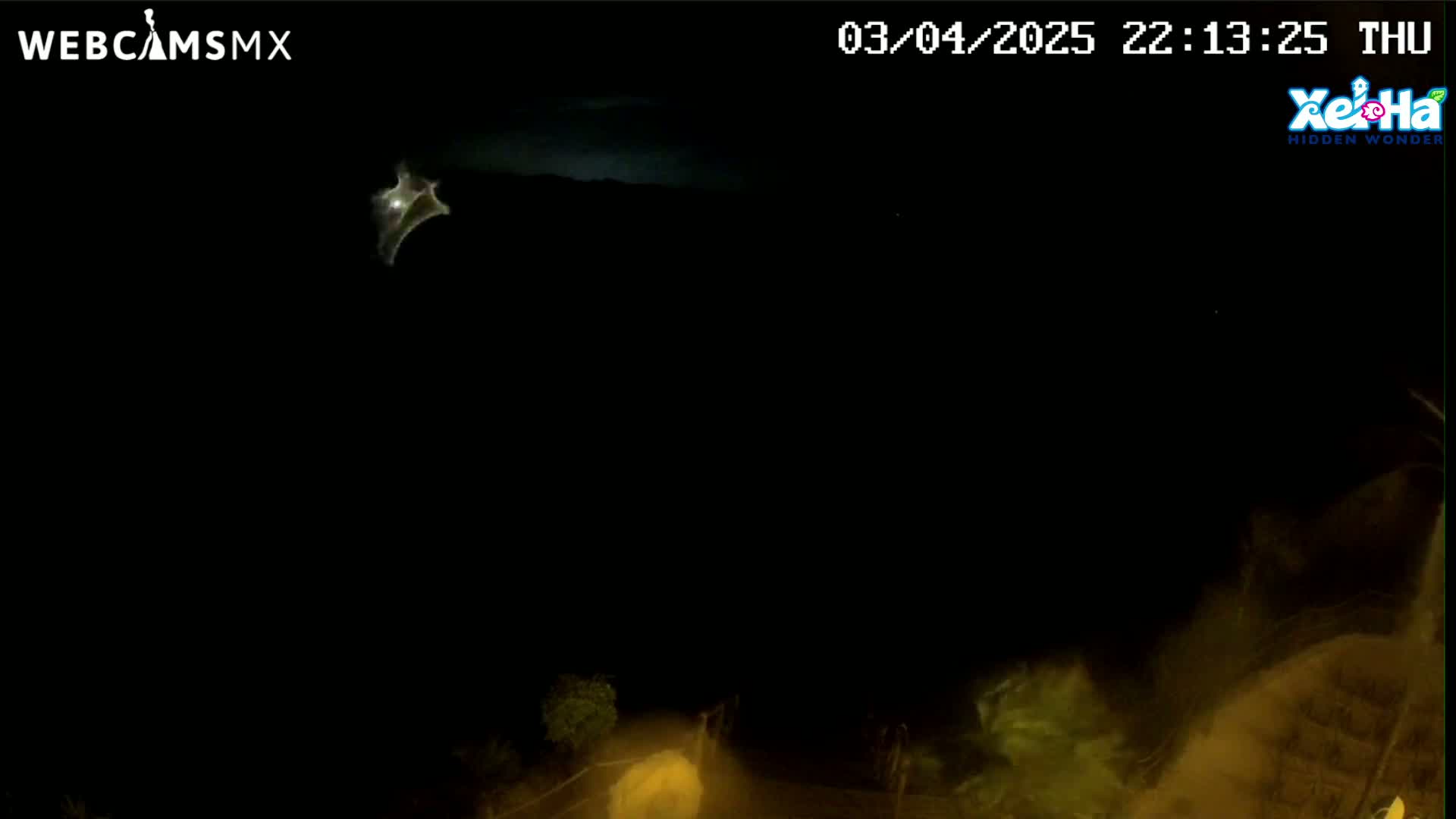 A nighttime, dark outdoor scene shows a bright object streaking across the sky.