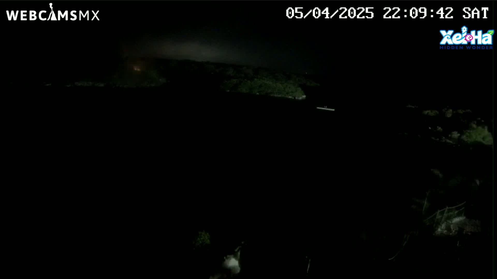 A nighttime view of a dark body of water with a dimly lit shoreline under a mostly clear sky.