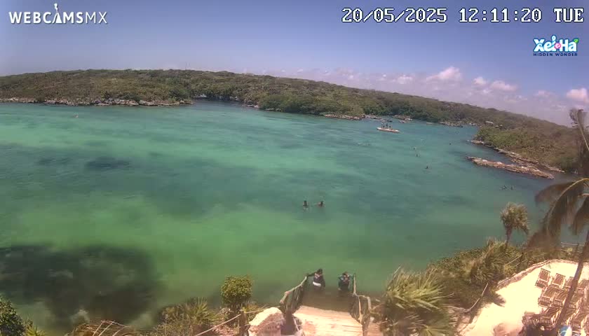 A tranquil, bright, sunny day reveals a clear, shallow, green-blue body of water surrounded by lush green vegetation and a few people swimming and lounging near a wooden staircase leading down to the water's edge.