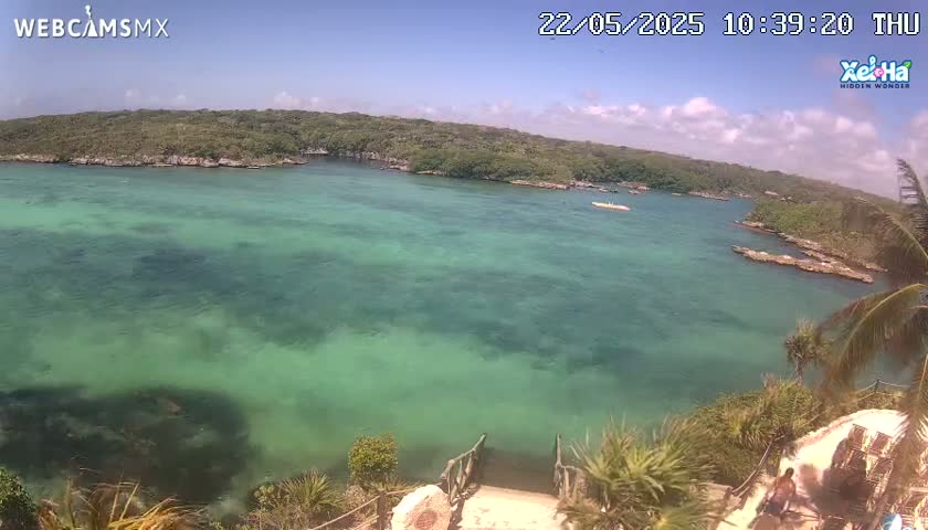 A tranquil, clear turquoise body of water is surrounded by lush green vegetation under a sunny sky with a few clouds.