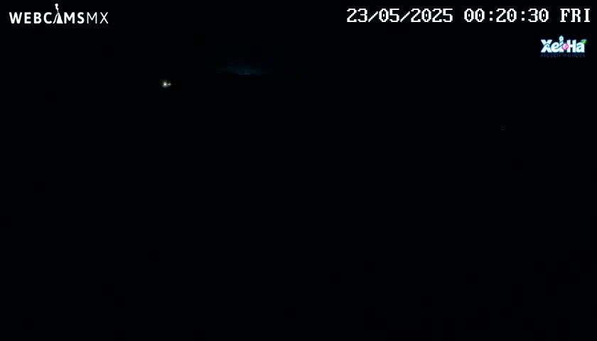 A mostly dark image shows a faintly lit horizon at night.
