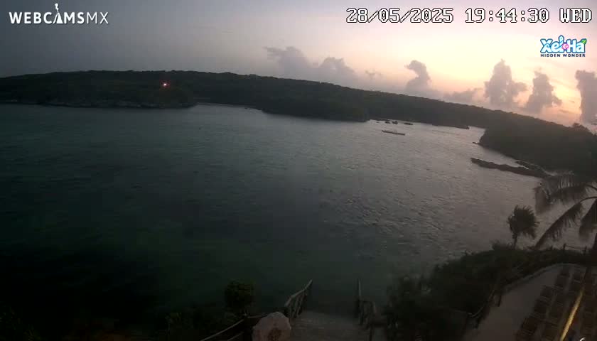A tranquil sunset over a calm body of water, partially enclosed by dark, lush land, with some vegetation visible in the foreground.