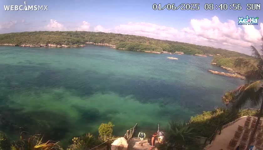 A sunny day reveals a tranquil cove with clear, shallow turquoise water, surrounded by lush green vegetation and a rocky shoreline.