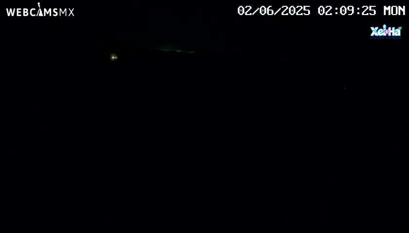 A dark, nighttime scene shows a faint light source in the distance.