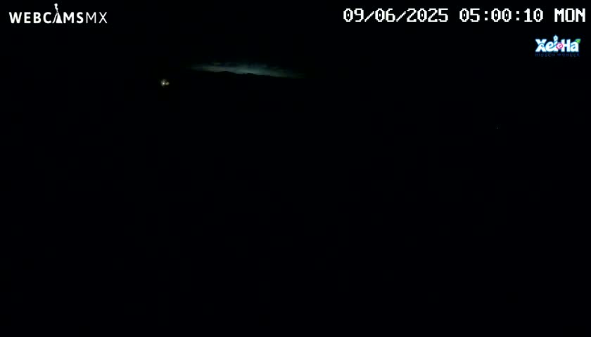 A dark, nighttime outdoor scene shows a faintly illuminated horizon with a few distant lights.