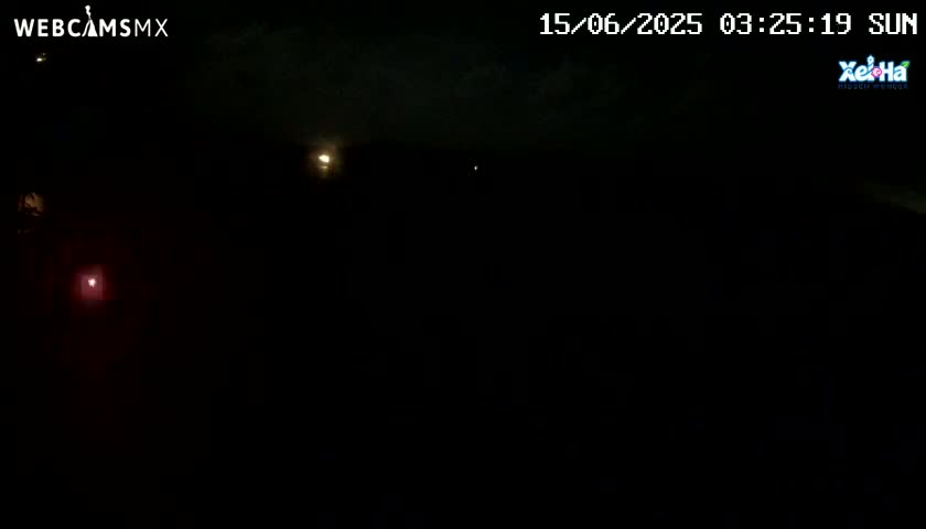 A nighttime, dark outdoor scene shows a few faint lights in the distance under a cloudy sky.