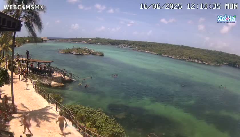A sunny day reveals a calm, clear turquoise bay surrounded by lush green vegetation, with people swimming and walking along a sandy path.