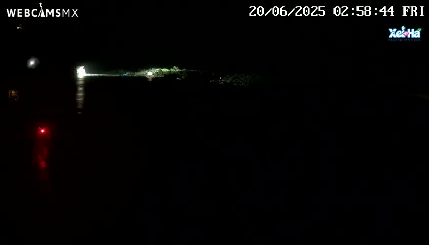 A nighttime, dark scene shows a body of water reflecting lights in the distance, with a faint red light visible closer to the camera.