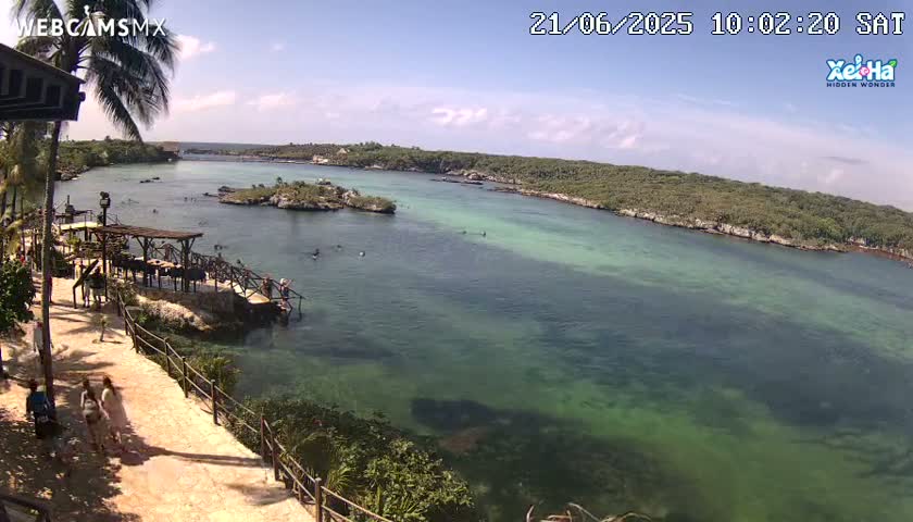 A sunny day reveals a tranquil cove with clear, shallow turquoise water, surrounded by lush green vegetation and a few people enjoying the area.