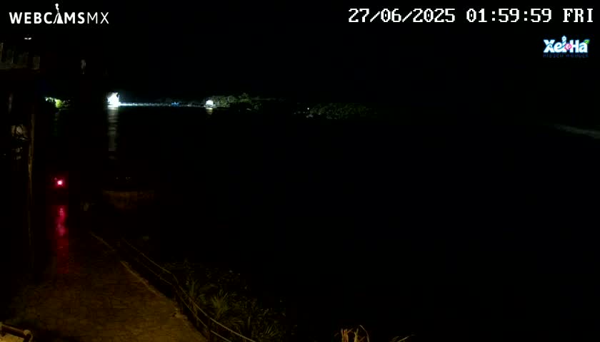 A nighttime view shows a dark body of water with faint lights in the distance and a dimly lit path leading from the foreground.