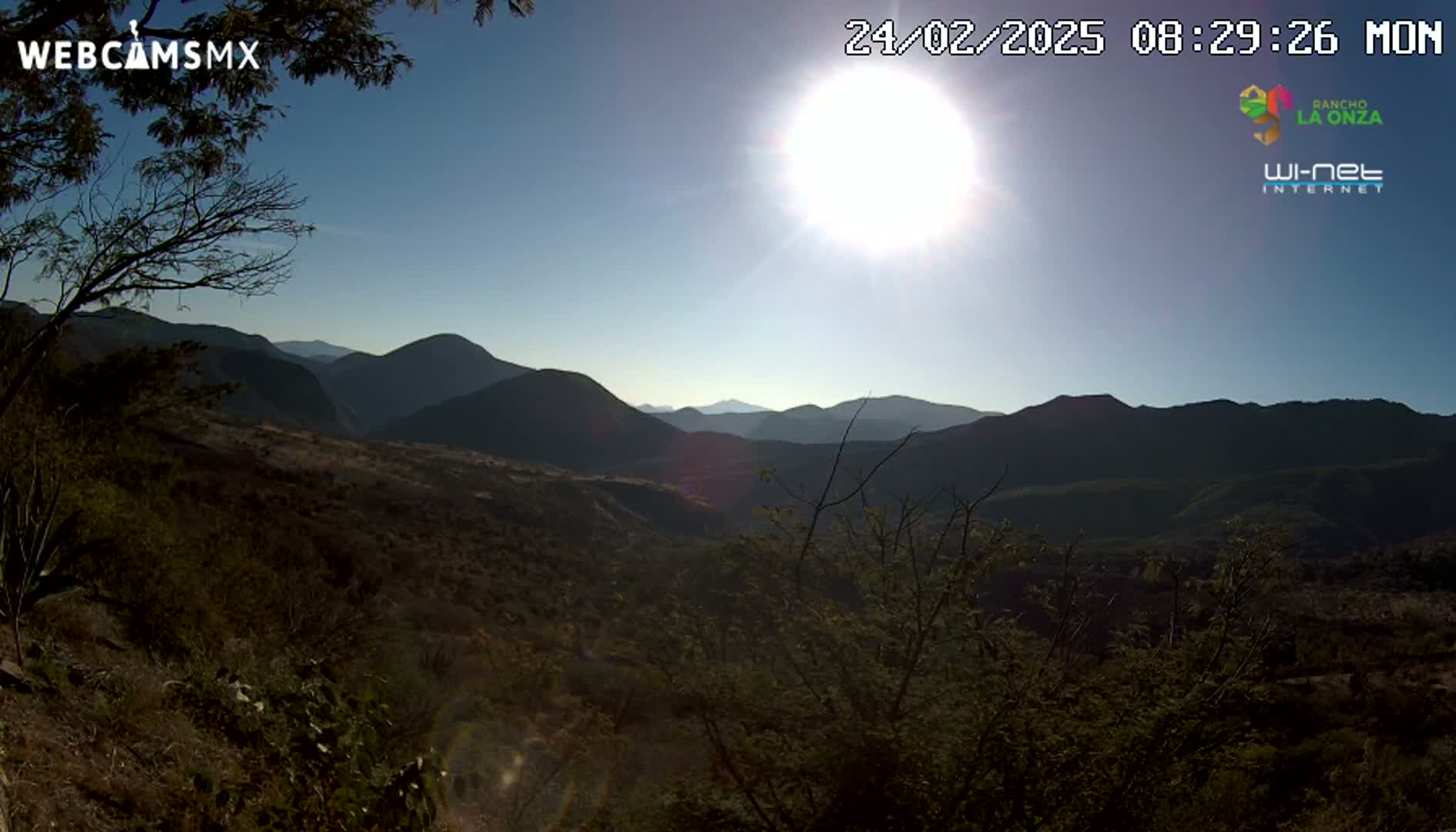 A bright sun shines over a mountainous landscape with scrubby vegetation on a clear day.