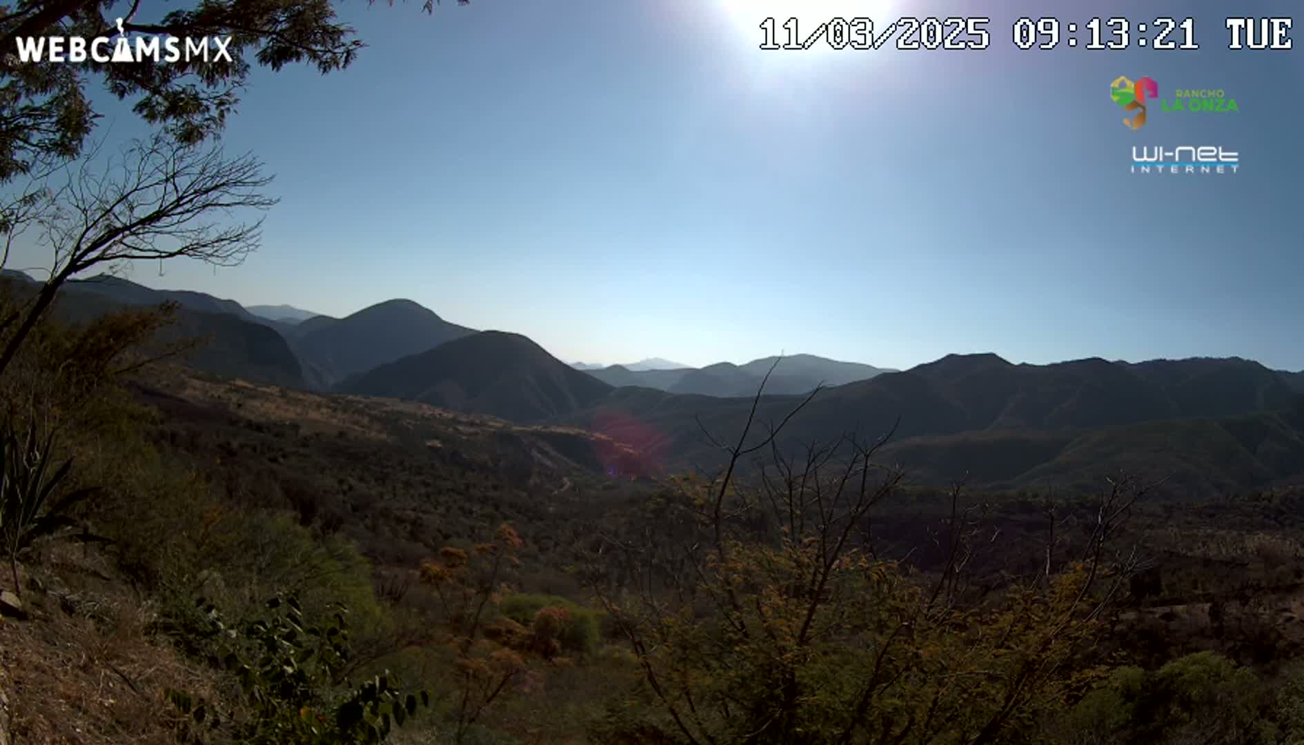 A sunny, clear day reveals a vast mountainous landscape with scrub brush and trees in the foreground.