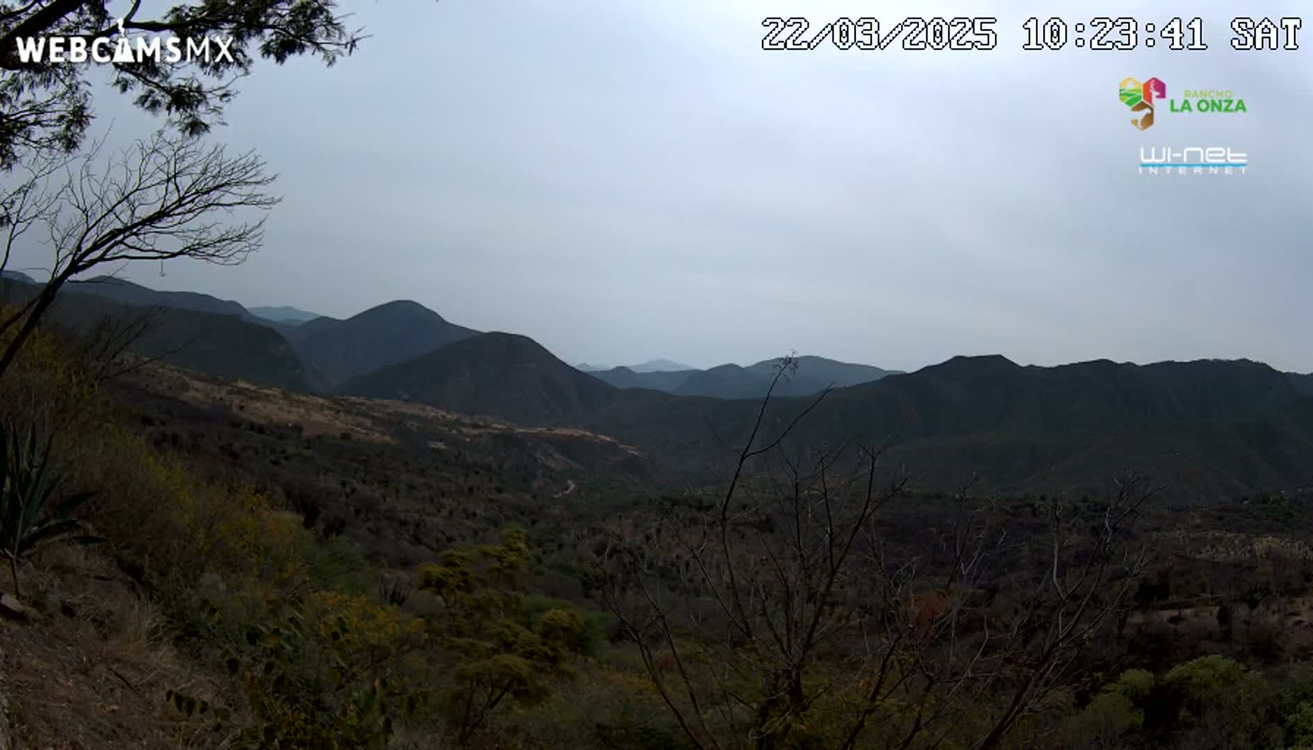 A view of a mountainous landscape under an overcast sky, showing a valley filled with sparse vegetation and dark-colored hills in the distance.