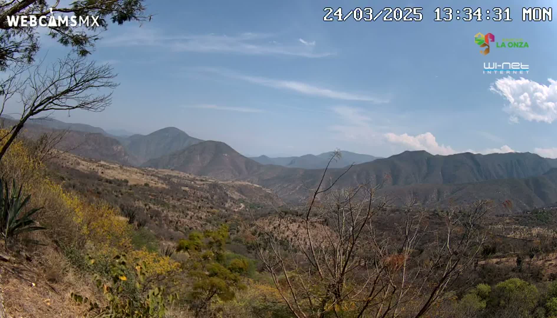 A partly sunny day reveals a view of a mountainous valley with dry, scrubby vegetation, some patches of yellow-green, and leafless, brown trees.