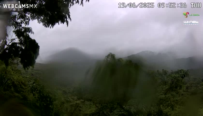 Rain falls on a lush, green, mountainous landscape shrouded in mist.