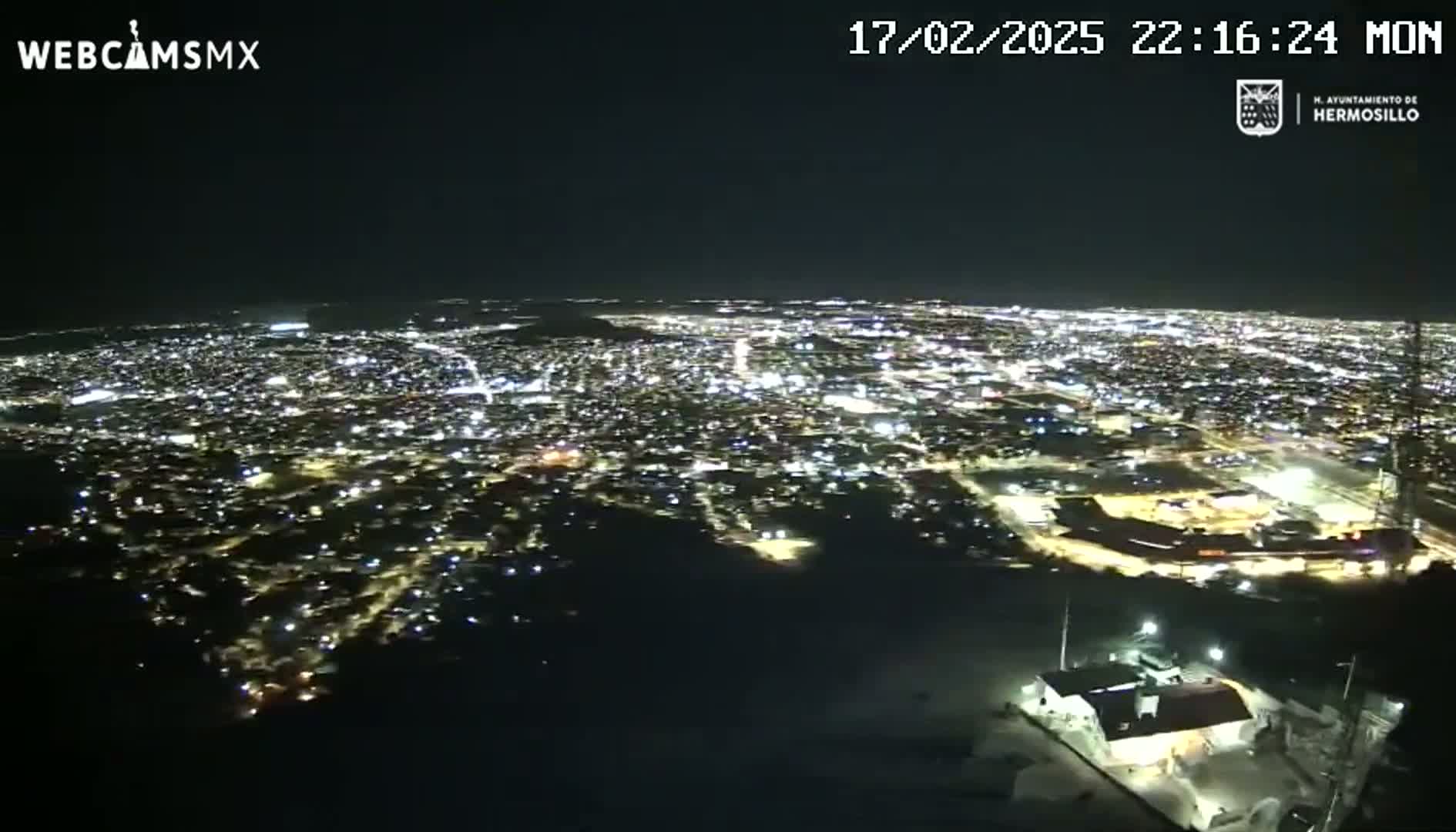 A nighttime, high-angle view shows a sprawling city illuminated by countless lights.