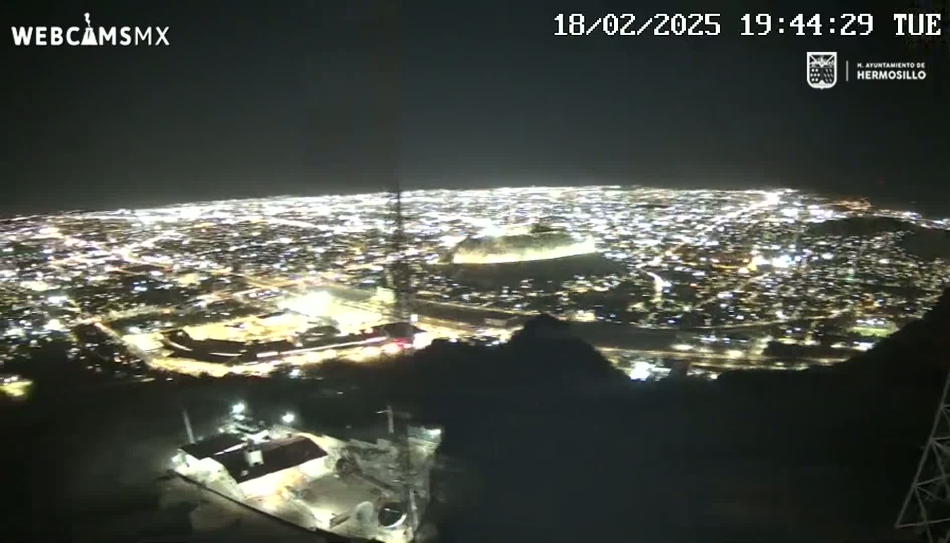 A nighttime, high-angle view shows a sprawling city illuminated by countless lights, as seen from a hilltop vantage point.