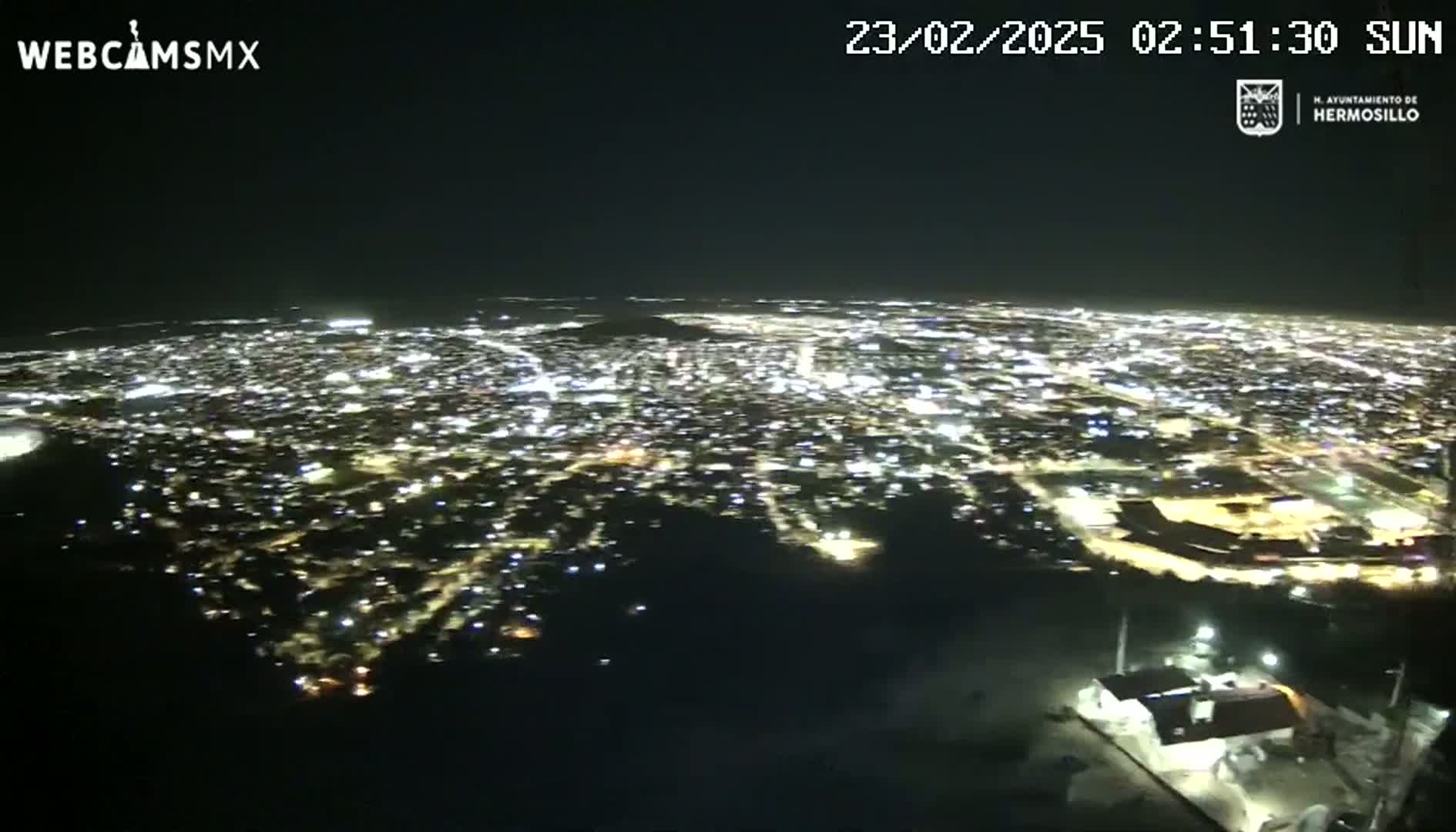 A nighttime aerial view shows a sprawling city illuminated by countless lights under a clear sky.