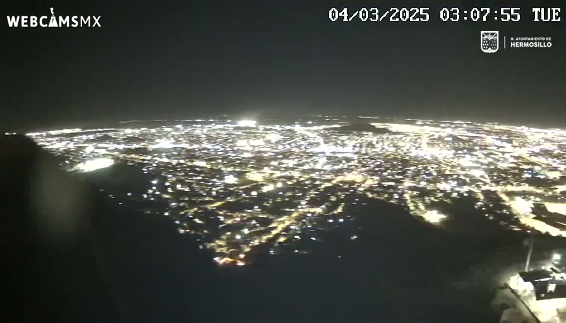 A nighttime, high-angle view shows a sprawling city illuminated by countless lights.